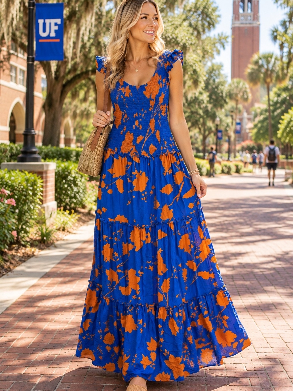Anthropologie Blue & Orange Floral Smocked Maxi Dress